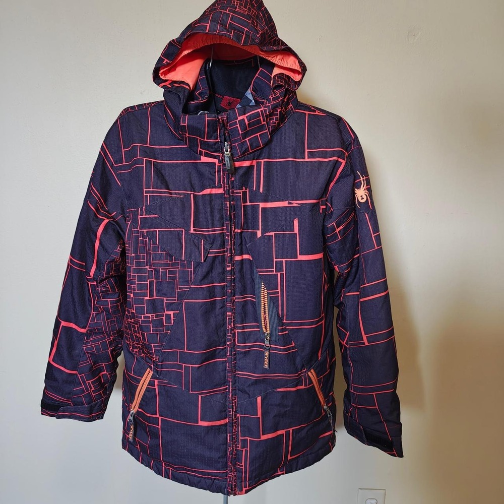 Spyder Kids Navy Blue Pink Geometric Grid Hooded Ski Jacket Coat Size 16